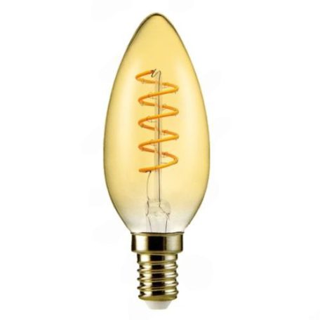 Led Filament gyertya égő 4W, borostyán burás dekor Led. 350 Lumen, 40W izzó helyett. E14, 2100K, extra meleg fehér, nem vibrál! Life Light Led.