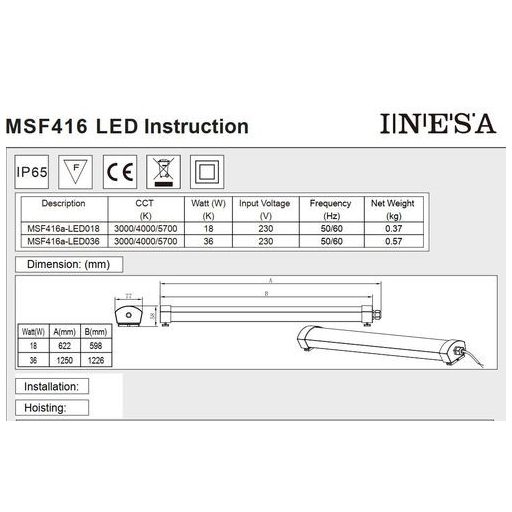 Inesa Por és páramentes LED lámpa 60 cm, 18W, 1500 lumen, 4000K, közép fehér. Led Tri-proof, IP65 vízálló ipari lámpa, pult, garázs, műhelyvilágítás!