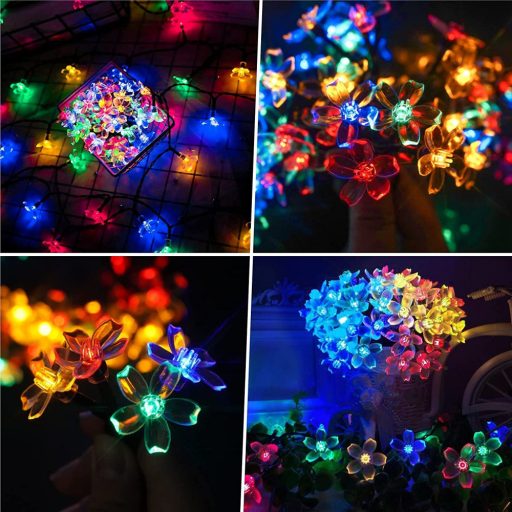 Napelemes Led cseresznyevirág fényfüzér, színes, kültéri, 50 led