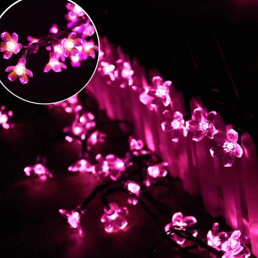 Napelemes Led cseresznyevirág fényfüzér, rózsaszín, kültéri, 50 led