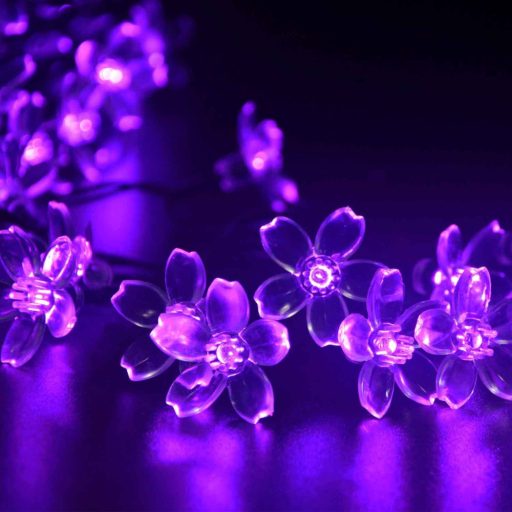 Napelemes Led cseresznyevirág fényfüzér, lila színű, kültéri, 50 led