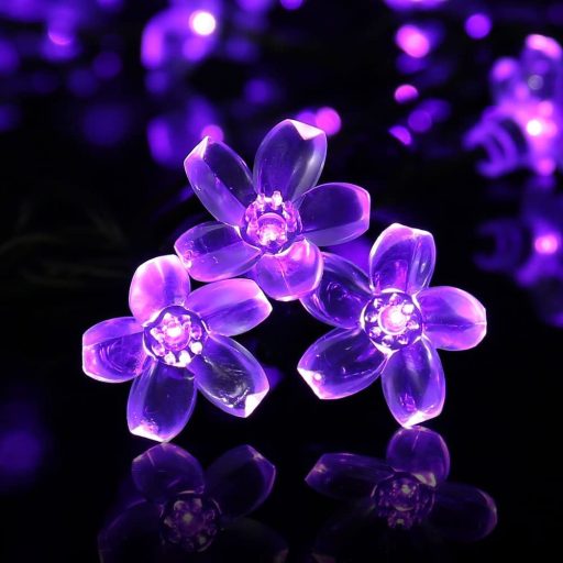 Napelemes Led cseresznyevirág fényfüzér, lila színű, kültéri, 50 led