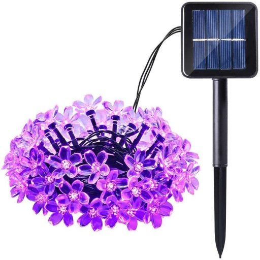 Napelemes Led cseresznyevirág fényfüzér, lila színű, kültéri, 50 led