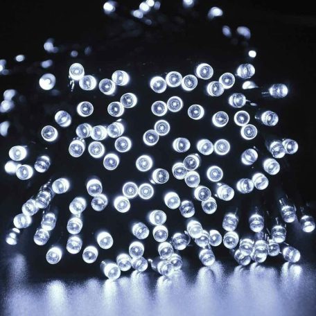 Napelemes 300 LED-es hideg fehér dekorációs fényfüzér, kerti égősor