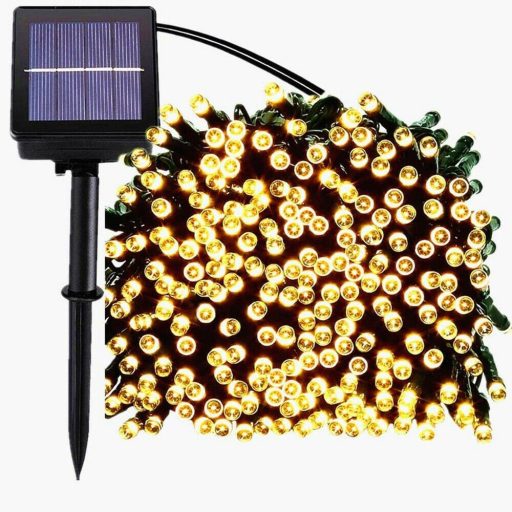 Napelemes 300 LED-es meleg fehér dekorációs fényfüzér, kerti égősor