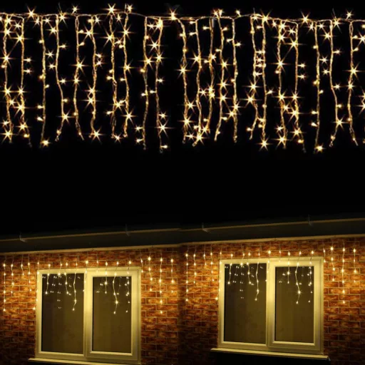 Karácsonyi jégcsap fényfüzér 480 Led, meleg fehér, 12 méter, adapteres, 8 funkciós