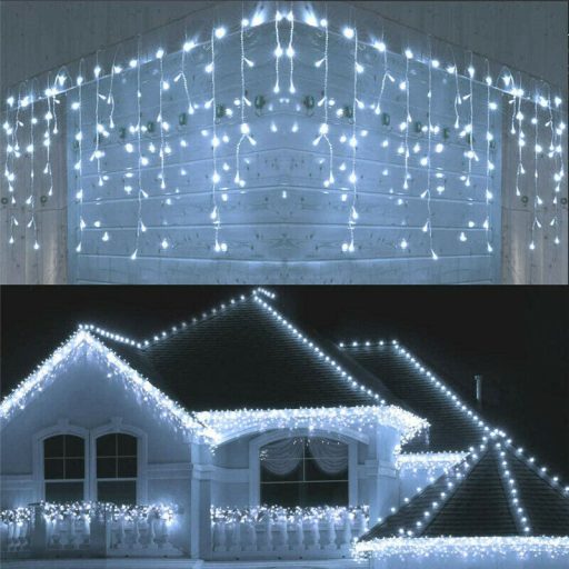 Karácsonyi jégcsap fényfüzér 480 Led, hideg fehér, 12 méter, adapteres, 8 funkciós